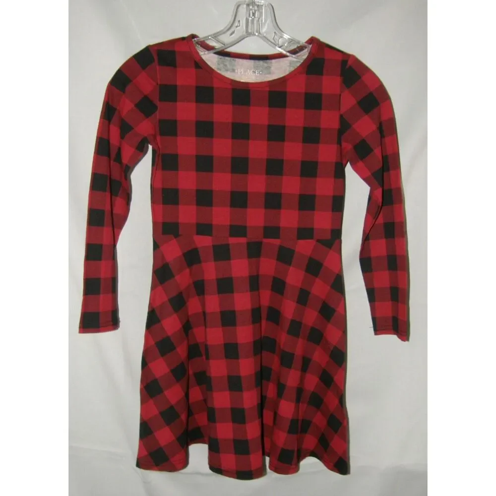 NEW Girls Sz Medium (7/8) Red & Black Plaid Long Sleeve Fit & Flare Dress PLACE